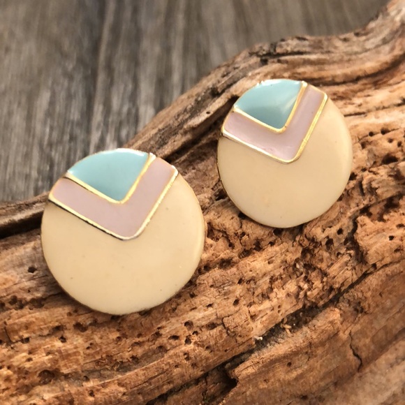 Vintage Round Chevron Pastel 1980’s Earrings - Picture 9 of 10